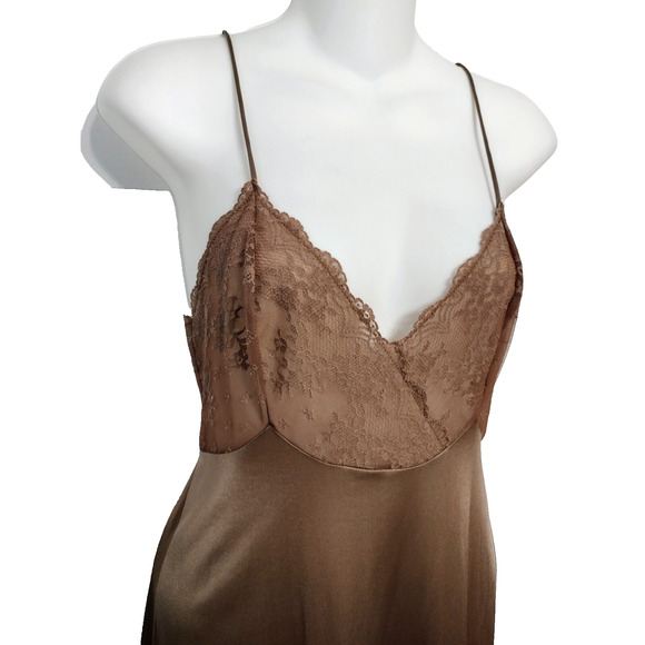 Vanity Fair Lace Nylon Full Slip Dress Brown Calf Ankle Length Stretch Sz 32 S - Picture 2 of 9